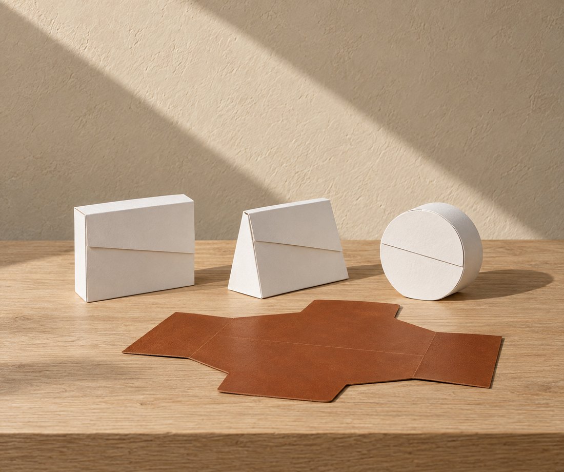 Folded paper models and a piece of cognac leather on a workbench